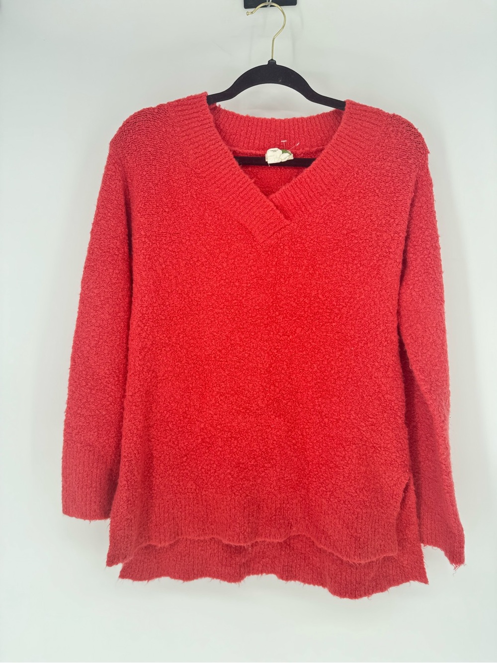 Anthropologie Red Bouclé V-Neck Sweater